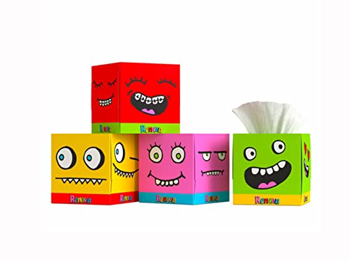 Renova Kids-Box Taschentücher - 4er Pack Gesichter - Zupfboxen Kids - fröhliche Gesichter - Kosmetiktücher - 4 Packs á 50 Tücher pro Box von Renova