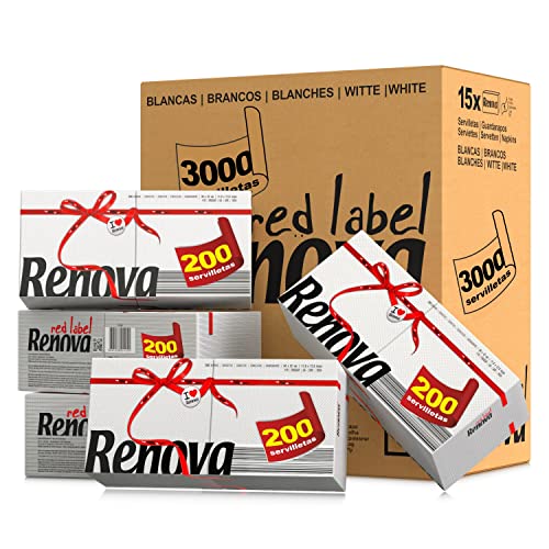 Renova Red Label Servietten, 15 Packungen mit je 200 Servietten, insgesamt 3.000 Servietten, weißes Papier von Renova