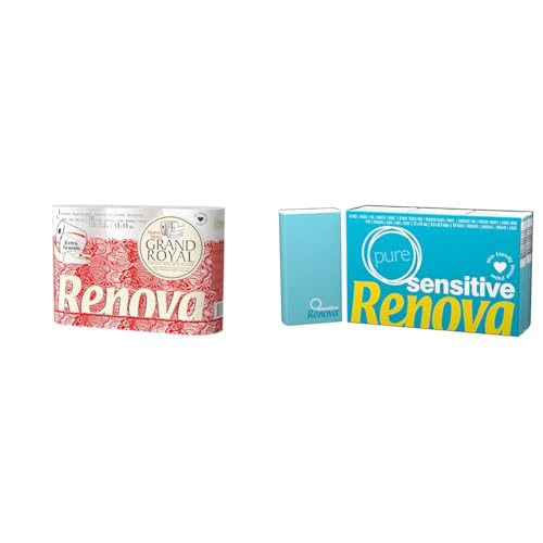 Renova Toilettenpapier Renova Grand Royal 4-lagig – 6 Rollen, 200074312, Large & Taschentücher Sensitive Pure - 6 Packungen weiße Taschentücher, 200072942, 54 Stück (1er Pack) von Renova