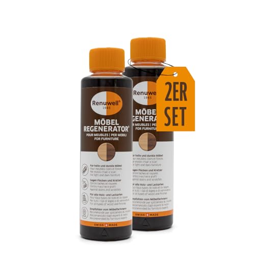 Renuwell Möbel-Regenerator, 2x 270 ml Spar-Set – Intensive Pflege und Regeneration für Holzmöbel und Oberflächen, entfernt Wasserflecken, Kratzer & Hitze-Ringe, Schweizer Qualitätsprodukt von Renuwell