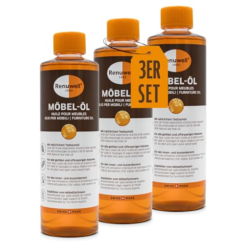 Renuwell Möbel-Öl Leinöl-Firnis, 3x 500 ml – Natürliches Pflegeöl für Holz mit Leinöl und Teebaumöl, farblos, Schutz für geölte und unbehandelte Holzoberflächen, Schweizer Qualität von Renuwell