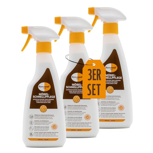 Renuwell Möbel Schnellpflege mit Bienenwachs, 3x 500 ml – Reinigung und Pflege für Möbel und Holzoberflächen, entfernt Staub & Fingerabdrücke, frischt Farben auf, Schweizer Qualität von Renuwell
