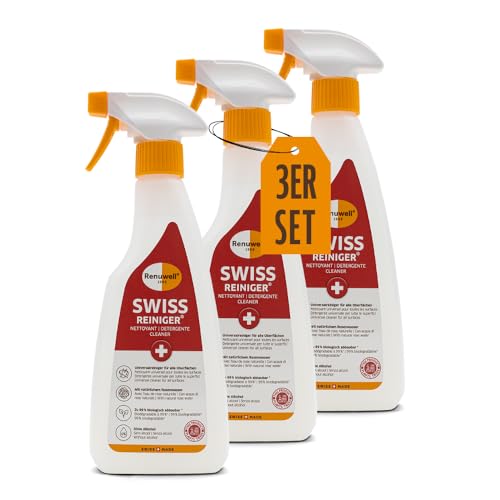 Renuwell Swiss Reiniger, 3x 500 ml – kraftvolle schonende Reinigung ohne Alkohol, entfernt Fett, Schmutz & Ablagerungen, für Holz, Kunststoff, Metall & Stein, Schweizer Qualität von Renuwell