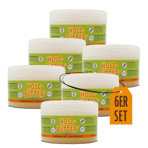 Renuwell Holz Butter, 6x 250 ml – Intensiv-Pflege für alle Holzarten, Möbelpflege 100% natürliche Inhaltsstoffe, Lebensmittelecht, hochwertiger Holzbalsam mit Bienenwachs, Schweizer Qualität von Renuwell