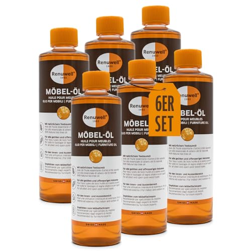 Renuwell Möbel-Öl, 6x 500 ml – Natürliches Pflegeöl für Holz mit Leinöl und Teebaumöl, farblos, Schutz für geölte und unbehandelte Holzoberflächen, Schweizer Qualität von Renuwell
