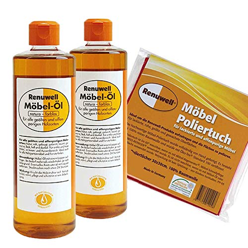 Renuwell Möbel-Öl 2 x 500 ml + Möbel Poliertuch 4 Stück Spar-Set von Renuwell