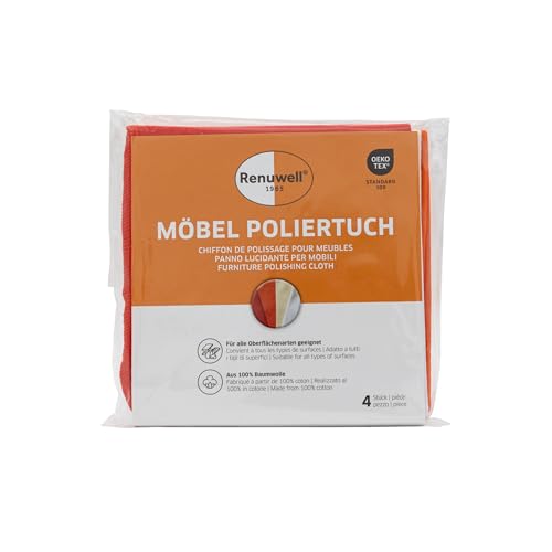 Renuwell Möbel-Poliertuch aus Baumwolle 4-er Set – Perfekte Ergänzung zur Möbelpflege, fusselfrei und langlebig, reinigt und poliert Holz, Kunststoff und mehr, bis 60°C waschbar von Renuwell