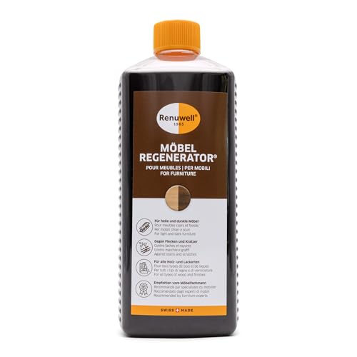 Renuwell Möbel-Regenerator, 1 Liter – Intensive Pflege und Regeneration für Holzmöbel und Oberflächen, entfernt Wasserflecken, Kratzer & Hitze-Ringe, Schweizer Qualitätsprodukt von Renuwell