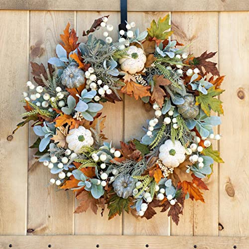 Türkranz Herbst 45 cm - Künstliche Herbstkranze Für Haustür Außen, Künstliche Herbstkränze Mit Ahornblatt + Kürbis + Beeren, Hochzeit Erntedankfest Party Kamin Weihnachts Dekoration Girlanden von Renywosi