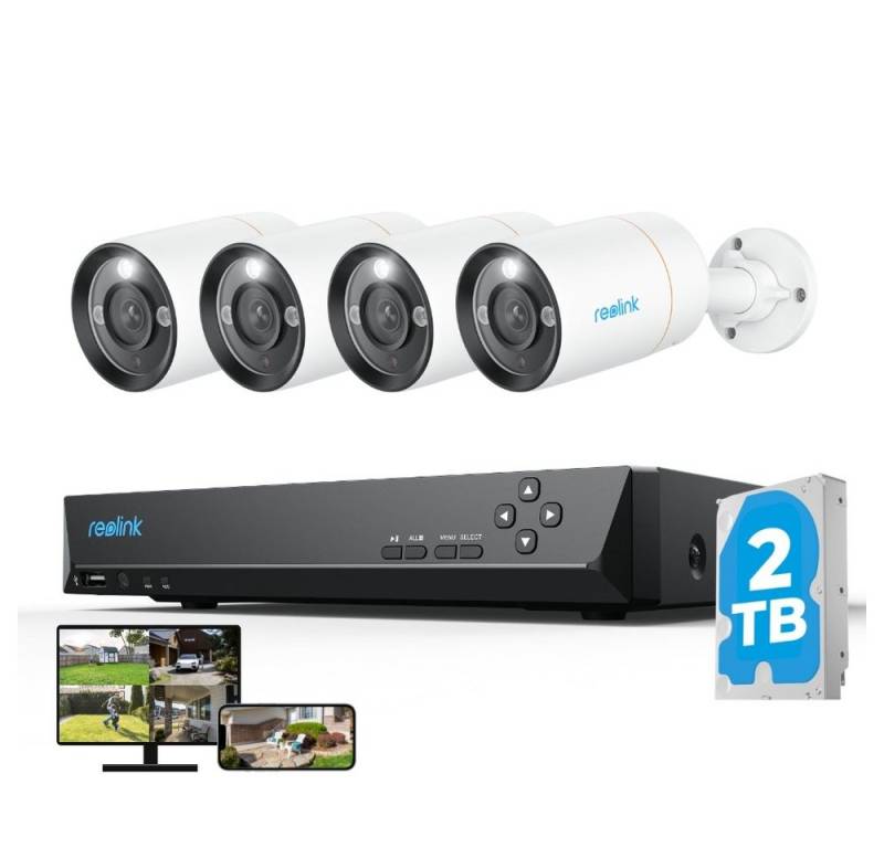 Reolink Überwachungskamera 12 MP Ultra HD PoE (Innenbereich, Außenbereich, 8-Kanal NVR mit 2TB HDD und 4 Bullet Kameras, Farbige Nachtaufnahme,Zwei-Wege-Audio,Dauernde 24/7 Aufzeichnung) von Reolink