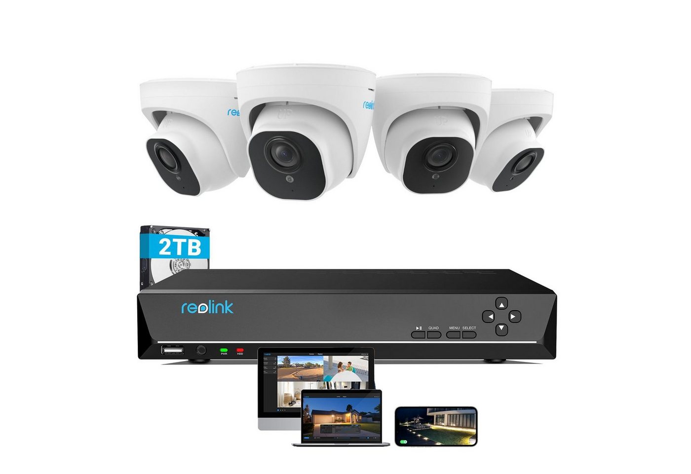 Reolink Überwachungskamera 8MP 4K PoE Set (Außenbereich, Innenbereich, 4X 8MP PoE IP Kamera und 2TB HDD 8CH NVR, Personen-/Fahrzeugerkennung, Stromversorgung über Ethernet) von Reolink