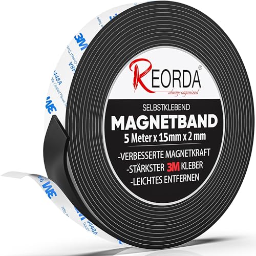 REORDA® Magnetband selbstklebend stark - Magnetstreifen selbstklebend mit starkem 3M Kleber - Magnetklebeband mit optimierter Magnetkraft - Magnet Klebeband von Reorda