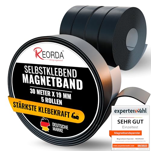 REORDA® Magnetband selbstklebend - [STARKER KLEBER] Magnetstreifen selbstklebend - Magnetklebeband mit optimierter Magnetkraft - Magnet Klebeband (30 Meter) von Reorda