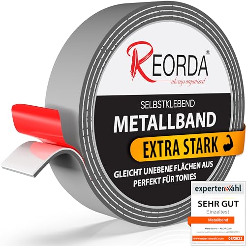 REORDA® Metallband selbstklebend Grau - Ideal für Tonies®-Figuren & -Regale (25 mm Breite) - Magnetband für Magnete I Ferroband I Magnetband selbstklebend I Eisenband (1m) von Reorda