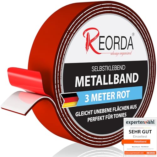 REORDA® Metallband selbstklebend Rot - Ideal für Tonies®-Figuren & -Regale - Magnetband für Magnete I Ferroband I Magnetband selbstklebend I Eisenband (3m) von Reorda