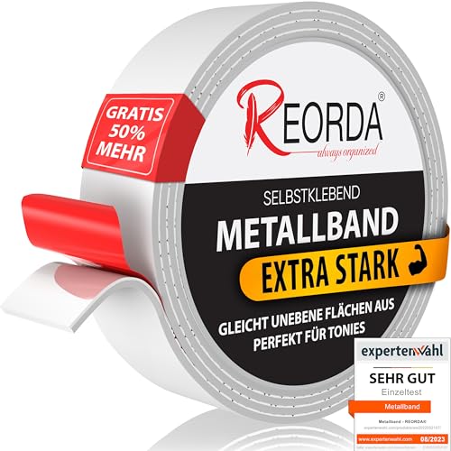 REORDA® Metallband selbstklebend Weiß - (1,5 Meter) Ideal für Tonies®-Figuren & -Regale - Magnetband für Magnete I Ferroband I Magnetband selbstklebend I Eisenband von Reorda