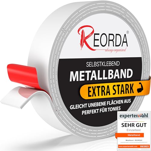 REORDA® Metallband selbstklebend Weiß - Ideal für Tonies®-Figuren & -Regale (25 mm Breite) - Magnetband für Magnete I Ferroband I Magnetband selbstklebend I Eisenband (6m) von Reorda