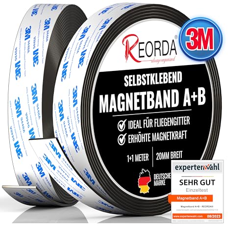 Reorda® Magnetband A B - (STARKER 3M KLEBER) Magnetstreifen für Fliegengitter & Moskitonetze für beste gegenseitige Anziehung - Magnetband selbstklebend von Reorda