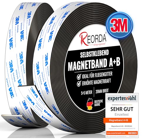 Reorda® Magnetband A B - (STARKER 3M KLEBER) Magnetstreifen für Fliegengitter & Moskitonetze für beste gegenseitige Anziehung - Magnetband selbstklebend von Reorda