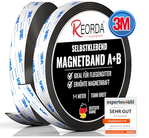 Reorda® Magnetband A B - (STARKER 3M KLEBER) Magnetstreifen für Fliegengitter & Moskitonetze für beste gegenseitige Anziehung - Magnetband selbstklebend von Reorda
