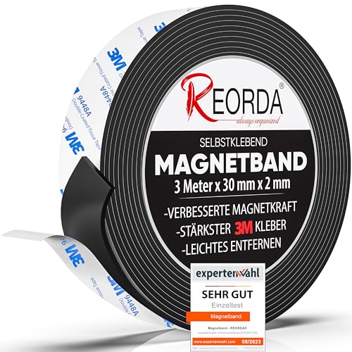 REORDA® Magnetband selbstklebend stark - Magnetstreifen selbstklebend mit starkem 3M Kleber - Magnetklebeband mit optimierter Magnetkraft - Magnet Klebeband von Reorda