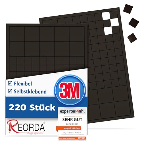 Reorda® Magnetplättchen selbstklebend (220 Stück) | Starker 3M-Kleber ermöglicht ausgezeichnete Klebekraft | Vielseitige Flache Magnete zum basteln & schneiden | Ideal nutzbar für Schule & Büro von Reorda