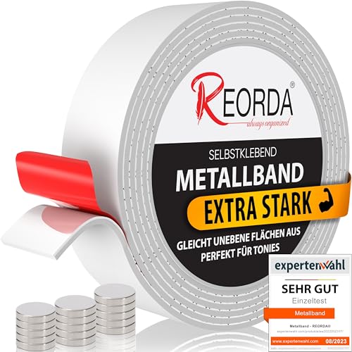 Reorda® Metallband - Ideal für Tonie Tribüne, Magnete & Tonie Figuren dank hohem Metallanteil - Magnetband selbstklebend | Magnetleiste selbstklebend | Magnetband + 15 Neodym Magnete von Reorda