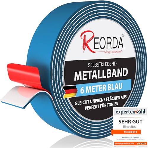 REORDA® Metallband selbstklebend Blau - Ideal für Tonies®-Figuren & -Regale - Magnetband für Magnete I Ferroband I Magnetband selbstklebend I Eisenband (6m) von Reorda