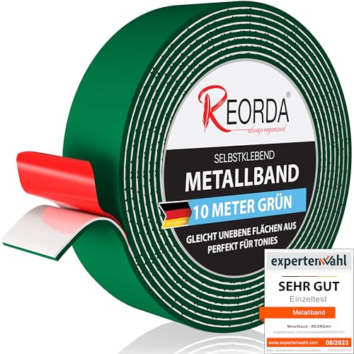 Reorda® Metallband in Grün (10m) - Ideal für Tonie Tribüne, Magnete & Tonie Figuren dank hohem Metallanteil | Magnetband | Magnetleiste selbstklebend | Magnetband selbstklebend von Reorda