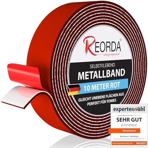 REORDA® Metallband selbstklebend Rot - Ideal für Tonies®-Figuren & -Regale - Magnetband für Magnete I Ferroband I Magnetband selbstklebend I Eisenband (10m) von Reorda