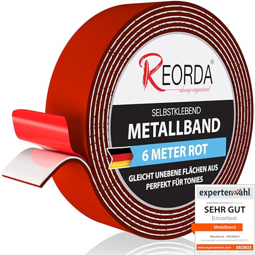 REORDA® Metallband selbstklebend Rot - Ideal für Tonies®-Figuren & -Regale - Magnetband für Magnete I Ferroband I Magnetband selbstklebend I Eisenband (6m) von Reorda