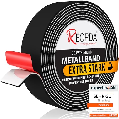 REORDA® Metallband selbstklebend Schwarz - Ideal für Tonies®-Figuren & -Regale - Magnetband für Magnete I Ferroband I Magnetband selbstklebend I Eisenband (10m) von Reorda