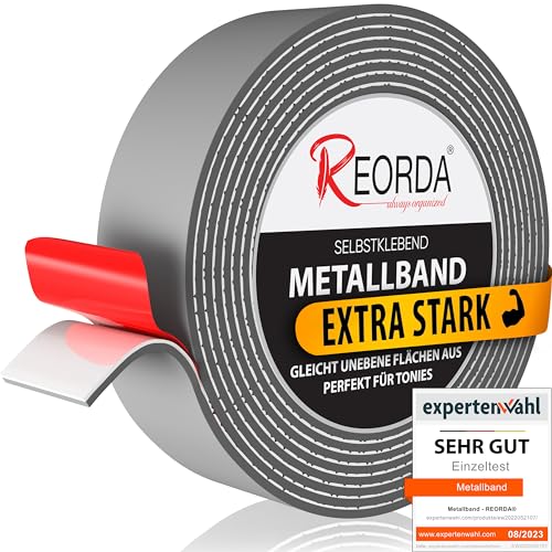 REORDA® Metallband selbstklebend Grau - Ideal für Tonies®-Figuren & -Regale - Magnetband für Magnete I Ferroband I Magnetband selbstklebend I Eisenband (10m) von Reorda