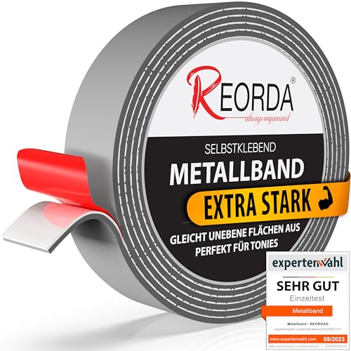 Reorda® Metallband selbstklebend Grau - Ideal für Tonies®-Figuren & -Regale (25 mm Breite) - Magnetband für Magnete I Ferroband I Magnetband selbstklebend I Eisenband (6m) von Reorda