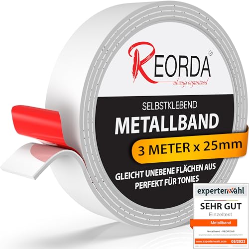 Reorda® Metallband selbstklebend Weiß - Ideal für Tonies®-Figuren & -Regale (25 mm Breite) - Magnetband für Magnete I Ferroband I Magnetband selbstklebend I Eisenband (3m) von Reorda