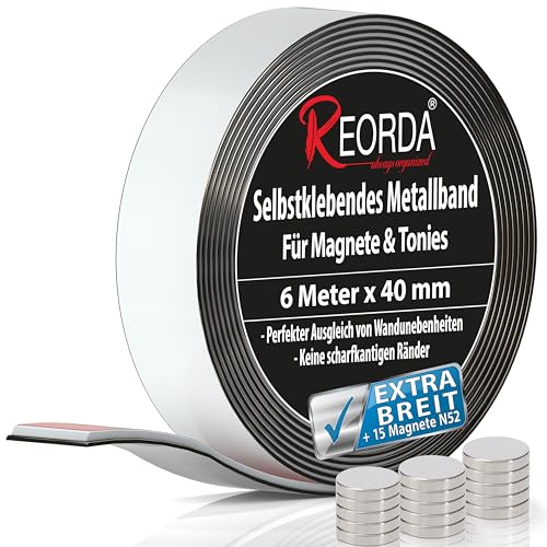 Reorda® Metallband - Ideal für Tonie Tribüne, Magnete & Tonie Figuren dank hohem Metallanteil - Magnetband selbstklebend | Magnetleiste selbstklebend | Magnetband + 15 Neodym Magnete von Reorda