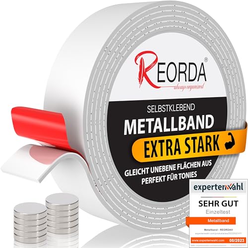 Reorda® Metallband - Ideal für Tonie Tribüne, Magnete & Tonie Figuren dank hohem Metallanteil - Magnetband selbstklebend | Magnetleiste selbstklebend | Magnetband + 10 Neodym Magnete von Reorda