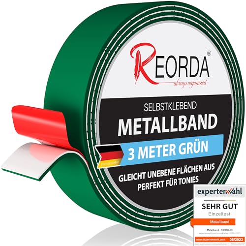 REORDA® Metallband selbstklebend Grün - Ideal für Tonies®-Figuren & -Regale - Magnetband für Magnete I Ferroband I Magnetband selbstklebend I Eisenband (3m) von Reorda