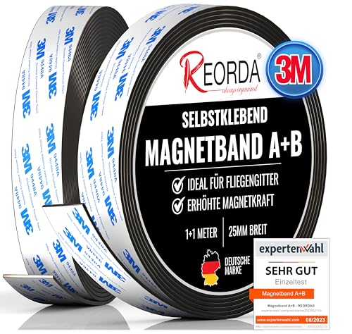 Reorda® Magnetband A B - (STARKER 3M KLEBER) Magnetstreifen für Fliegengitter & Moskitonetze für beste gegenseitige Anziehung - Magnetband selbstklebend von Reorda