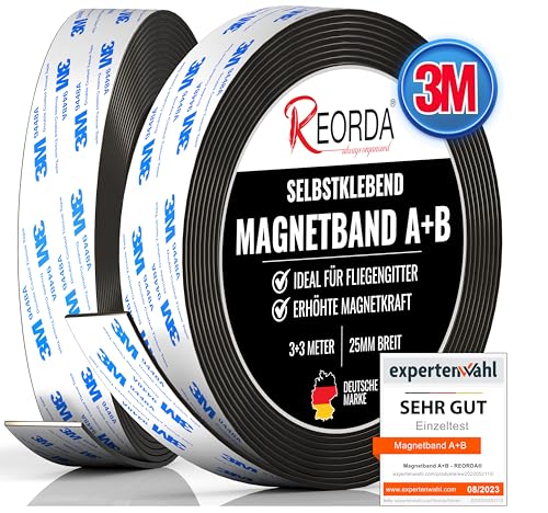 Reorda® Magnetband A B - Magnetstreifen für Fliegengitter & Moskitonetze für beste gegenseitige Anziehung - Magnetband selbstklebend - Neuartiger Spezial-Kleber für stärkste Klebekraft von Reorda