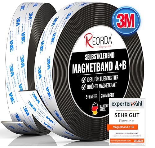 Reorda® Magnetband A B - (STARKER 3M KLEBER) Magnetstreifen für Fliegengitter & Moskitonetze für beste gegenseitige Anziehung - Magnetband selbstklebend von Reorda