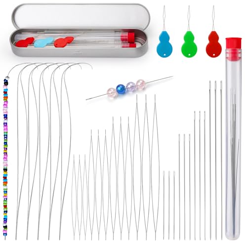 36 Stück Perlennadel Set, 12 Stück Große Auge Perlennadeln, 6 Gebogene Perlennadeln, 12 Stück Lange Gerade Perlen Nadel und Aufbewahrungsbox aus Eisen zur Herstellung von Schmuck und Armbändern von Reovin