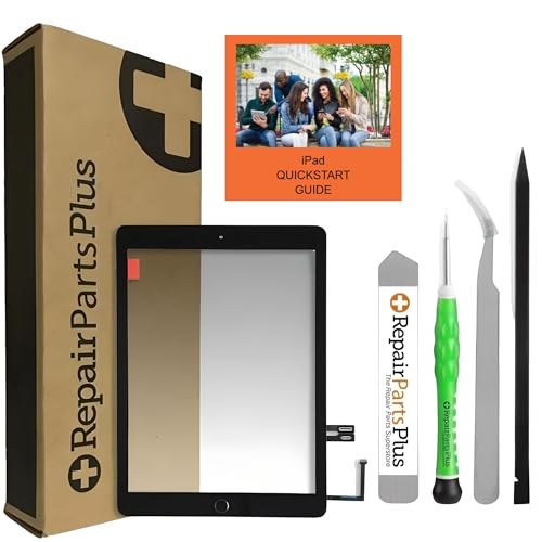 Repair Parts Plus Ersatz-Touch-Digitizer für iPad 5. Generation, Premium-Set (A1822 | A1823, 2017 iPad 5) + Home-Taste, Werkzeug, Klebstoff, Schriftanleitung – Schwarz von Repair Parts Plus