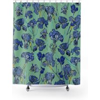 Iris Blumen Auf Einem Hintergrund Des Türkis, Hellblaue Farbe Van Gogh Inspiriert Duschvorhang von Repetu