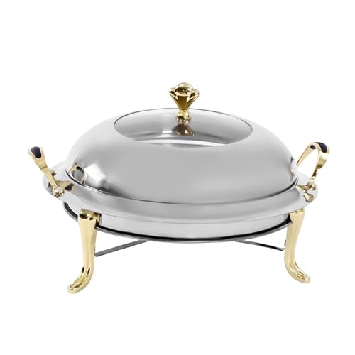 Chafing Dish Rund 3L mit Glasdeckel, Edelstahl Warmhaltebehälter Speisewärmer mit Goldgriff für Buffet Camping Hochzeit Party von Repomanda