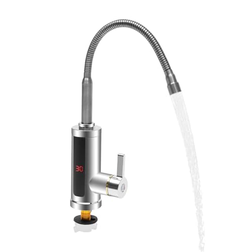 Elektrischer Wasserhahn Durchlauferhitzer 3000W 220V Sofortwarmwasser 360 Grad drehbar Edelstahl Bildschirmtyp LED Küchenarmatur Bad Garten Camping Warmwasserbereiter 15-50°C inkl Schläuche Montageanl von Repomanda