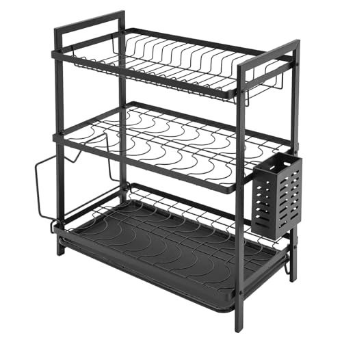 Repomanda Abtropfgestell Geschirr, 3-stufiger Geschirrabtropfständer aus Eisen mit Wasserauffangschale und Besteckhalter, Küchen-Abtropfgitter Freistehend, 43.5 x 24.5 x 50 cm, Schwarz von Repomanda