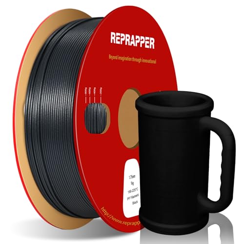 RepRapper PP Filament 1,75 mm (+/- 0,03 mm) Halbflexibles Robustes Filament 3D Drucker Filament PP 1 kg (2,2 Pfund) Spule für 3D Druck, 5 Stück Bauplatte im Lieferumfang enthalten, Schwarz von Reprapper