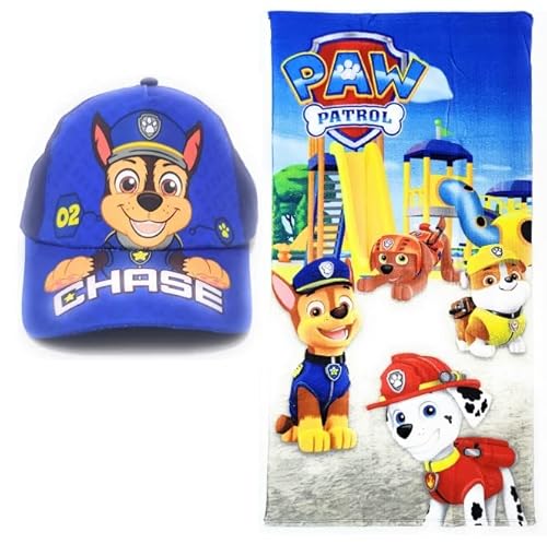 Requeteguay Urban RU Paw Patrol Handtuch + Paw Patrol Kappe für Kinder | Handtuch und Kappe Pack Paw Patrol | Kappe + Handtuch Chase, Marshall und Rubble (Blau) von Requeteguay Urban RU