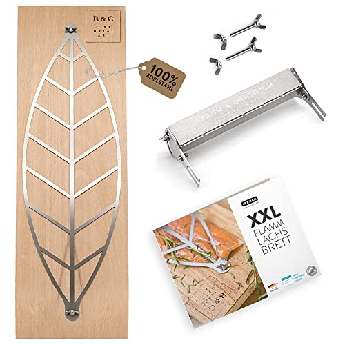 Rerum & Consilium XXL Flammlachsbrett inkl. Halterung aus Edelstahl I 60 x 19 cm I für Feuerkorb, Feuerschale, Grill und mehr I Hochqualitatives Flammlachs-Brett Made in Germany von Rerum & Consilium
